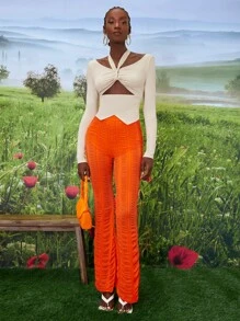 SHEINNeu Áo thun nữ Bất đối xứng Cắt ra Xù Buộc lại màu trơn Thanh lịch - Màu be - Xem 3