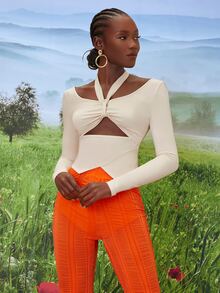 SHEINNeu Áo thun nữ Bất đối xứng Cắt ra Xù Buộc lại màu trơn Thanh lịch - Màu be - Xem 4