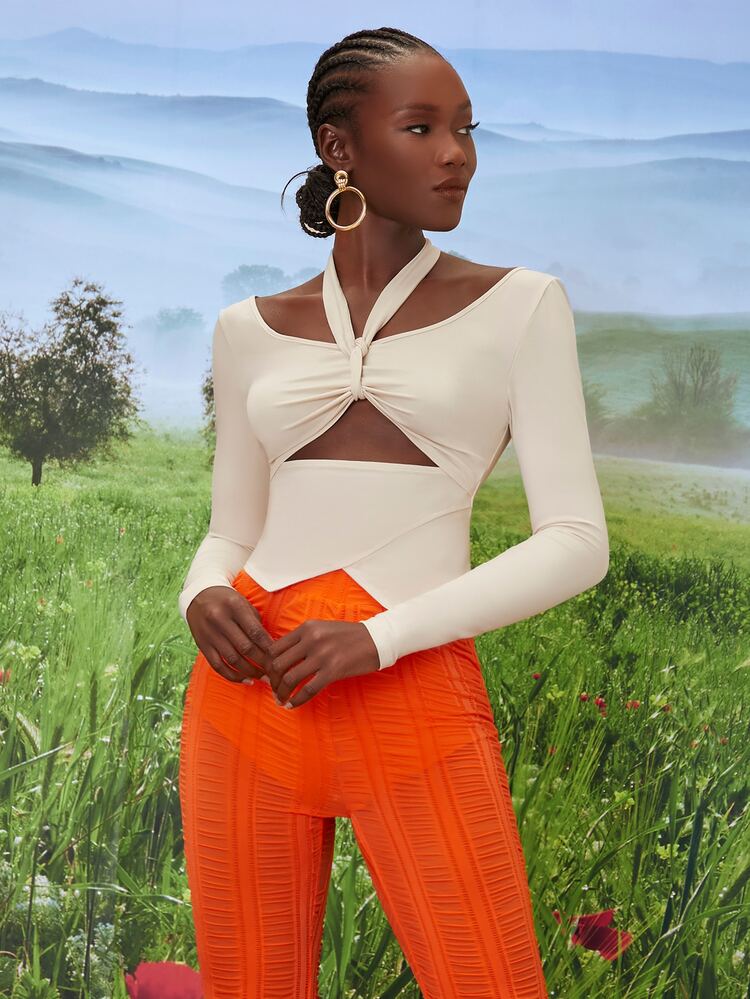 SHEINNeu T-shirt découpe dos-nu à nœud asymétrique - Nude - Voir 4