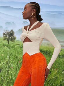 SHEINNeu Áo thun nữ Bất đối xứng Cắt ra Xù Buộc lại màu trơn Thanh lịch - Màu be - Xem 5