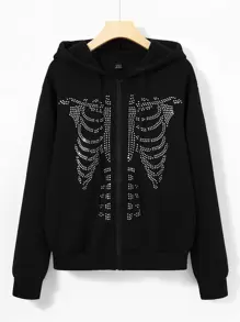 SHEIN Unity Rhinestone Skeleton Pattern Zip Up Drawstring Thermal Hoodie - Black - View 1