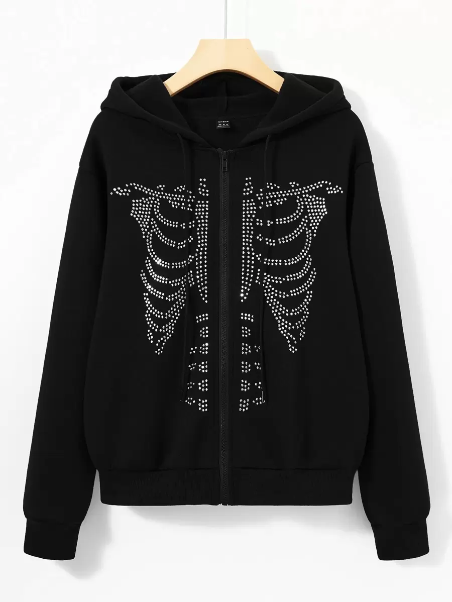 SHEIN Unity Rhinestone Skeleton Pattern Zip Up Drawstring Thermal Hoodie - Black - View 1