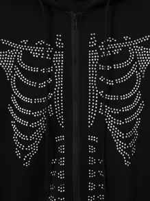 SHEIN Unity Rhinestone Skeleton Pattern Zip Up Drawstring Thermal Hoodie - Black - View 6