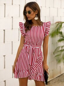 SHEIN VCAY Đầm Thắt lưng Xù Trọn gói Dây kéo Sọc Boho - Đỏ và trắng - Xem 1