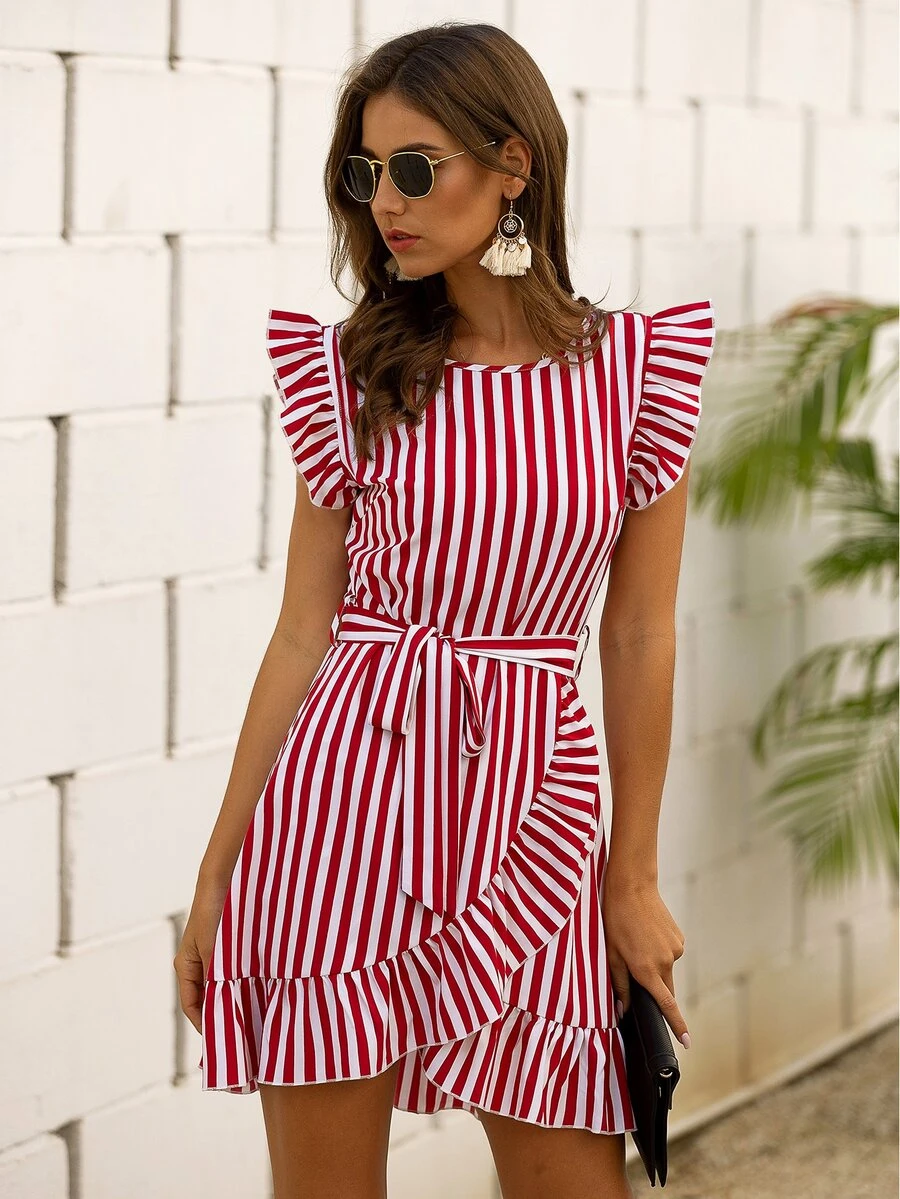 SHEIN VCAY Đầm Thắt lưng Xù Trọn gói Dây kéo Sọc Boho - Đỏ và trắng - Xem 1