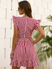 SHEIN VCAY Đầm Thắt lưng Xù Trọn gói Dây kéo Sọc Boho - Đỏ và trắng - Xem 2