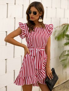 SHEIN VCAY Đầm Thắt lưng Xù Trọn gói Dây kéo Sọc Boho - Đỏ và trắng - Xem 3