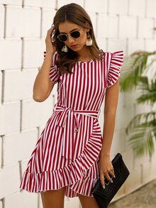 SHEIN VCAY Đầm Thắt lưng Xù Trọn gói Dây kéo Sọc Boho - Đỏ và trắng - Xem 4