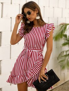 SHEIN VCAY Đầm Thắt lưng Xù Trọn gói Dây kéo Sọc Boho - Đỏ và trắng - Xem 5