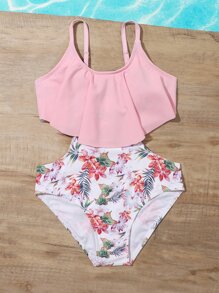 女孩印花鏤空手帕下擺連體泳衣 - 彩色 - 查看 5