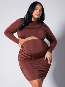 SHEIN Maternity Plus Mock Neck Crop Tee & Bodycon Skirt - Rust Brown - View 1