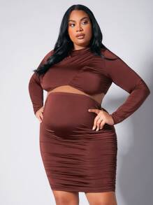 SHEIN Maternity Plus Mock Neck Crop Tee & Bodycon Skirt - Rust Brown - View 4