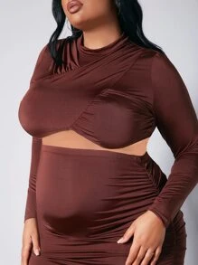 SHEIN Maternity Plus Mock Neck Crop Tee & Bodycon Skirt - Rust Brown - View 5