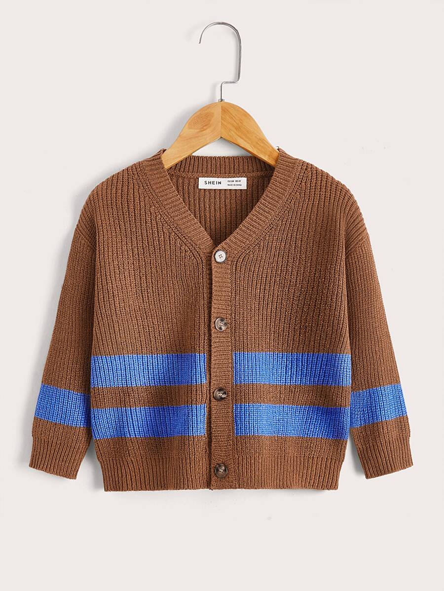 SHEIN Toddler Boys Colourblock Drop Shoulder Cardigan - Brown - View 1