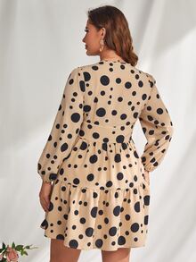Plus Polka Dot Print Deep V Neck Ruffle Hem Dress - Apricot - View 2