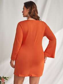 Vestido ajustado fruncido de manga campana - Naranja - Ver 2
