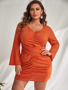 Vestido ajustado fruncido de manga campana - Naranja - Ver 3
