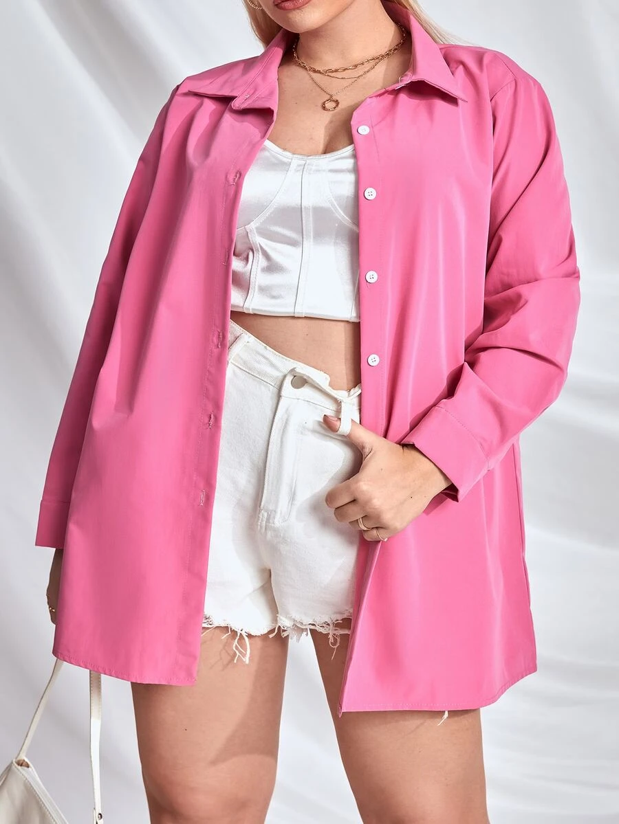 大碼素色前紐扣襯衫 - 粉色 - 查看 1