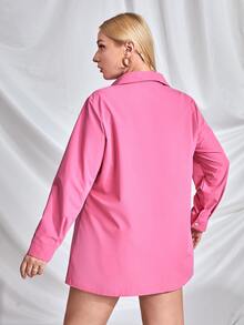 大碼素色前紐扣襯衫 - 粉色 - 查看 2