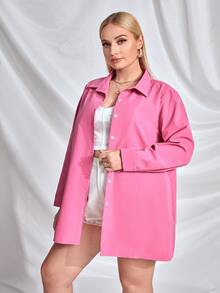 大碼素色前紐扣襯衫 - 粉色 - 查看 3