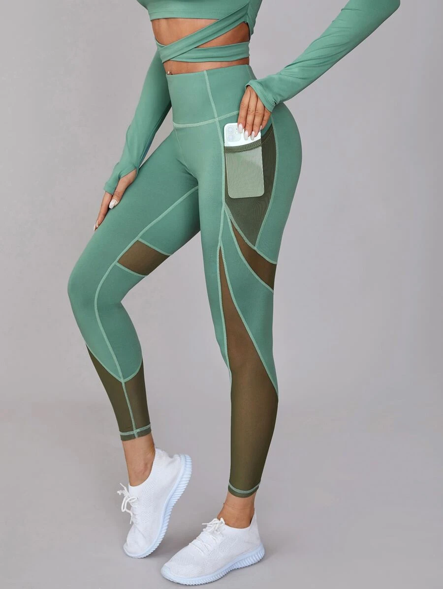 SHEIN Leggings deportivos de talle alto de malla con bolsillo de celular - Verde - Ver 1