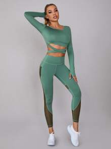 SHEIN Leggings deportivos de talle alto de malla con bolsillo de celular - Verde - Ver 4