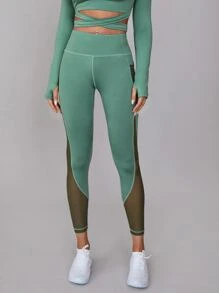 SHEIN Leggings deportivos de talle alto de malla con bolsillo de celular - Verde - Ver 5
