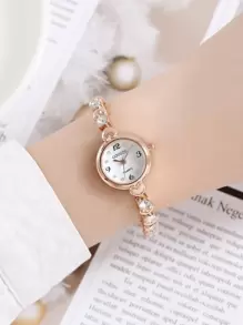 水鑽裝飾圓形指針石英手錶 - 玫瑰金 - 查看 1