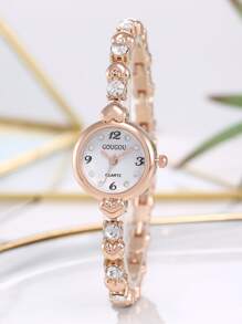 水鑽裝飾圓形指針石英手錶 - 玫瑰金 - 查看 3