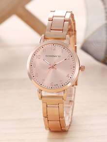 1入組極簡風格圓形指針石英手錶和1入組手環 - 玫瑰金 - 查看 2