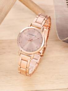 1入組極簡風格圓形指針石英手錶和1入組手環 - 玫瑰金 - 查看 3