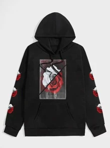 ROMWE MEN Men Letter Floral Graphic Kangaroo Pocket Drawstring Hoodie - Black - View 1