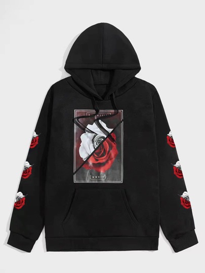 Los Hombres Letra Floral Gráfico Jersey Con Bolsillo Canguro Y Capucha Con Cordón