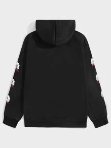 ROMWE MEN Men Letter Floral Graphic Kangaroo Pocket Drawstring Hoodie - Black - View 2