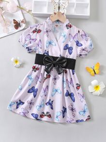 小女童蝴蝶圖案泡泡袖繫腰帶洋裝 - 彩色 - 查看 1