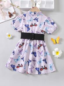 小女童蝴蝶圖案泡泡袖繫腰帶洋裝 - 彩色 - 查看 2