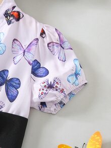 小女童蝴蝶圖案泡泡袖繫腰帶洋裝 - 彩色 - 查看 3