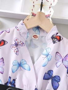 小女童蝴蝶圖案泡泡袖繫腰帶洋裝 - 彩色 - 查看 4