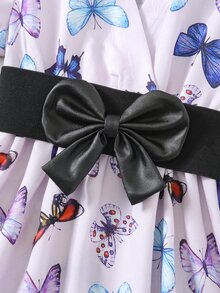 小女童蝴蝶圖案泡泡袖繫腰帶洋裝 - 彩色 - 查看 6