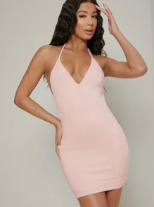 SHEIN BAE 包臀後開式繞頸迷你洋裝 - 淺粉色 - 查看 2