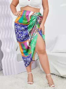 SHEIN VCAY 大碼佩斯利和色塊拼接圖案褶邊高衩緞面半身裙 - 彩色 - 查看 1