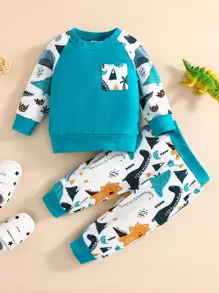 Baby Cartoon Dinosaur Print Raglan Sleeve Patched Pocket Pullover & Joggers - Multicolor - View 1