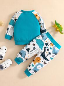 Baby Cartoon Dinosaur Print Raglan Sleeve Patched Pocket Pullover & Joggers - Multicolor - View 2