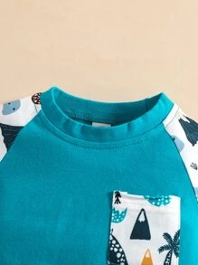 Baby Cartoon Dinosaur Print Raglan Sleeve Patched Pocket Pullover & Joggers - Multicolor - View 3