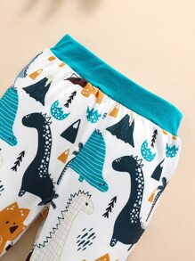 Baby Cartoon Dinosaur Print Raglan Sleeve Patched Pocket Pullover & Joggers - Multicolor - View 6
