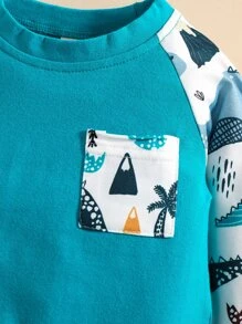 Baby Cartoon Dinosaur Print Raglan Sleeve Patched Pocket Pullover & Joggers - Multicolor - View 8