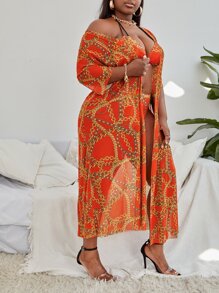 SHEIN Swim Curve 3packs Plus Size Chain Print Ladder Cut-Out Bikini Set & Kimono Summer Beach