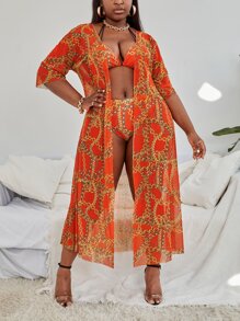 SHEIN Swim Curve 3packs Plus Size Chain Print Ladder Cut-Out Bikini Set & Kimono Summer Beach