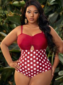 Swim Vcay Plus Polka Dot Print Knot Bust One Piece Swimsuit - Red and White - View 1