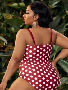 Swim Vcay Plus Polka Dot Print Knot Bust One Piece Swimsuit - Red and White - View 2